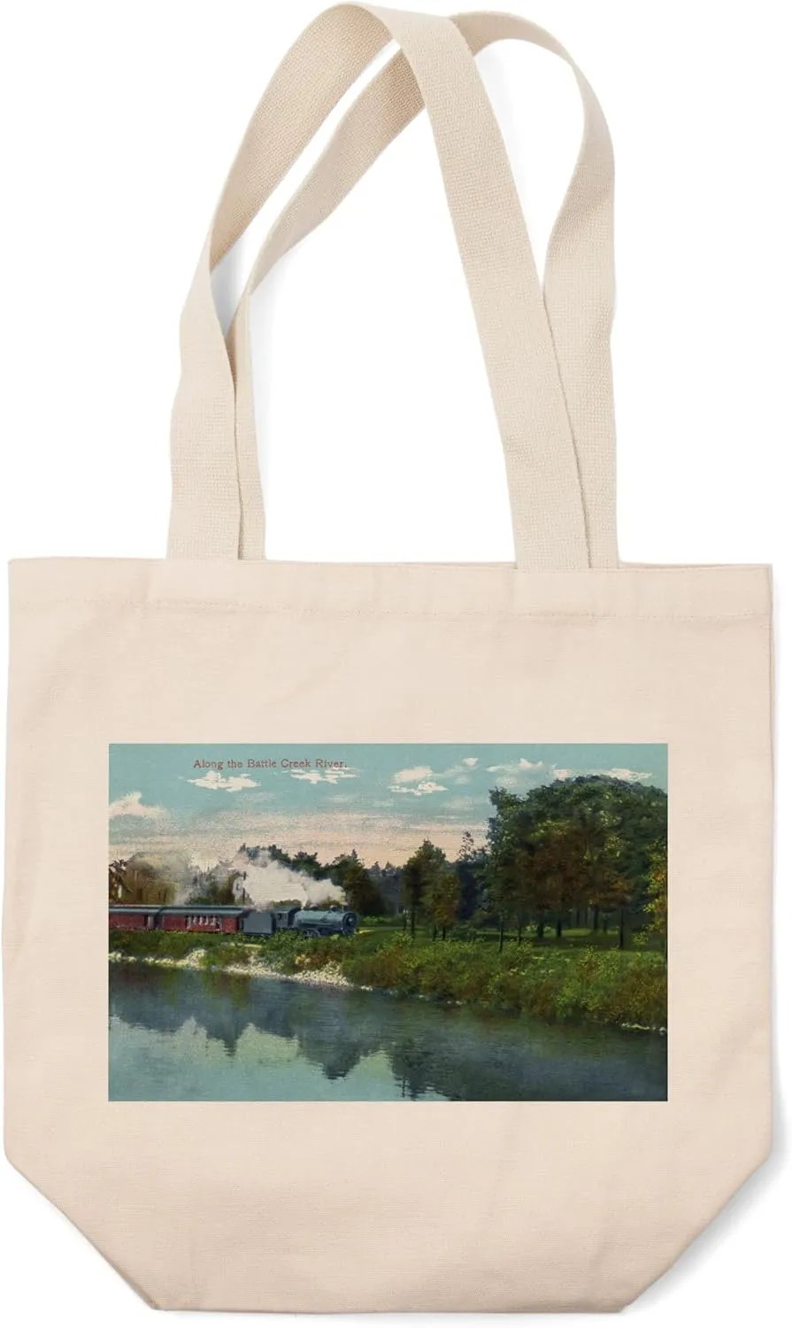Battle Creek, Michigan, Train Along The Battle Creek River Scene (100% Cotton Canvas Reusable Tote Bag)
