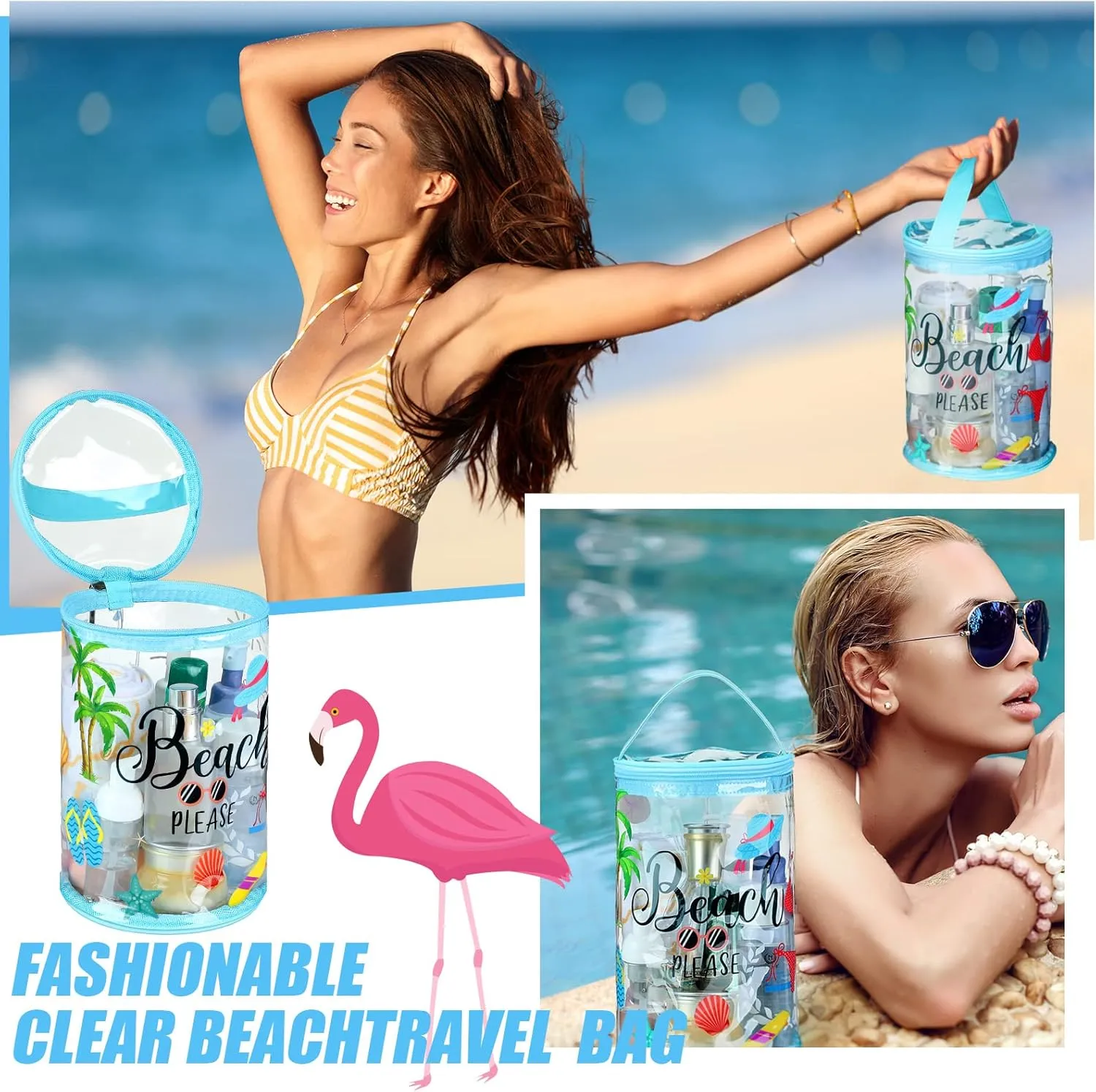 Beach Gifts Heavy Duty Clear Lotion Toiletry Bags for Travel Makeup Bag Cylinder Waterproof Portable Trip Bag Sunscreen Cosmetic Pouch with Handle Zipper(Beach Please)