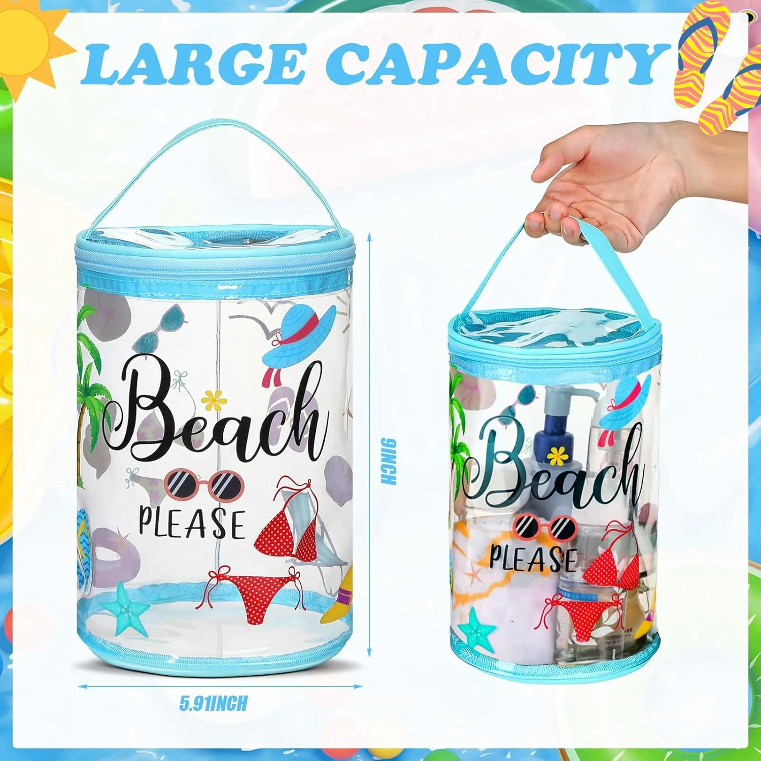 Beach Gifts Heavy Duty Clear Lotion Toiletry Bags for Travel Makeup Bag Cylinder Waterproof Portable Trip Bag Sunscreen Cosmetic Pouch with Handle Zipper(Beach Please)
