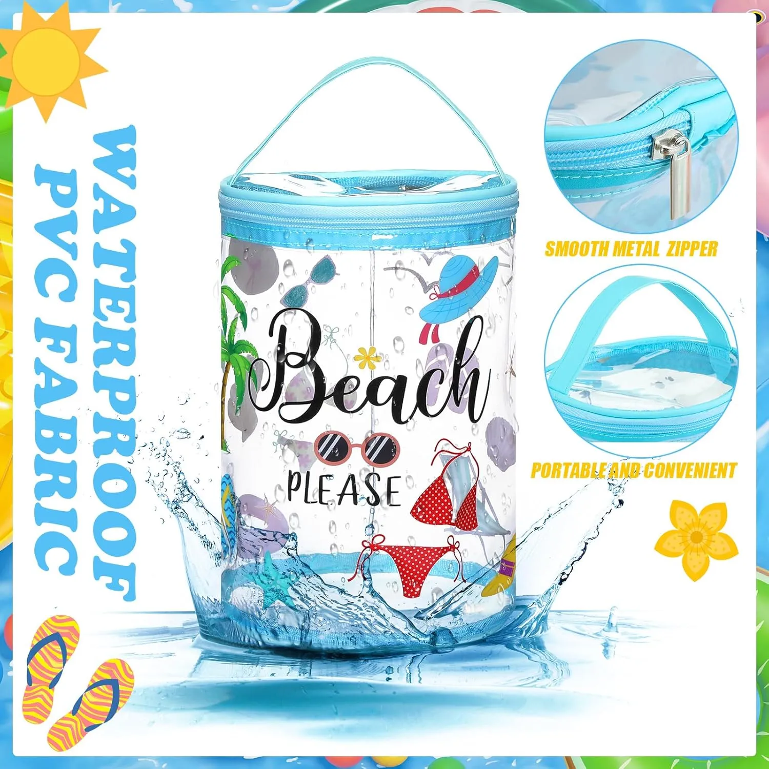 Beach Gifts Heavy Duty Clear Lotion Toiletry Bags for Travel Makeup Bag Cylinder Waterproof Portable Trip Bag Sunscreen Cosmetic Pouch with Handle Zipper(Beach Please)