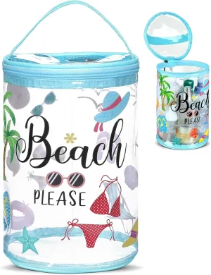 Beach Gifts Heavy Duty Clear Lotion Toiletry Bags for Travel Makeup Bag Cylinder Waterproof Portable Trip Bag Sunscreen Cosmetic Pouch with Handle Zipper(Beach Please)