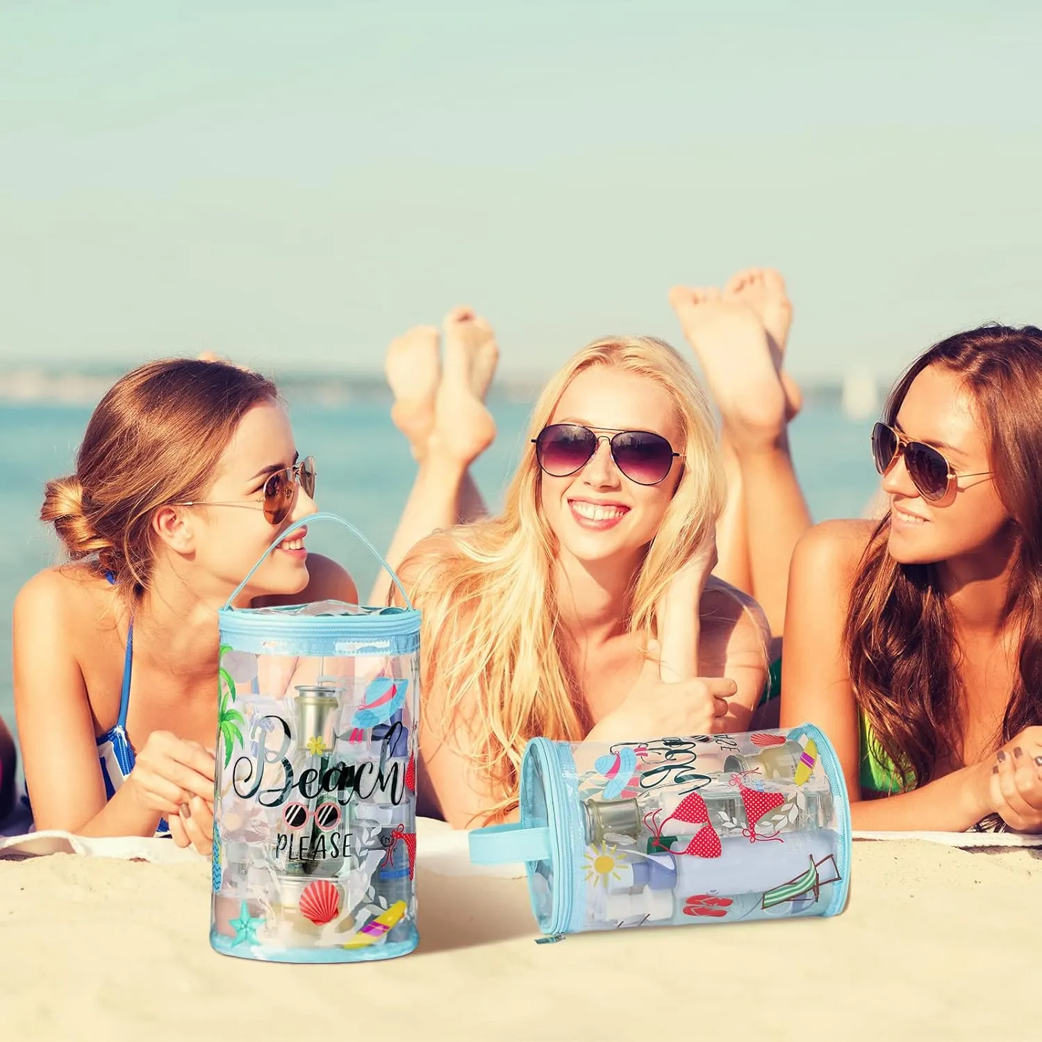 Beach Gifts Heavy Duty Clear Lotion Toiletry Bags for Travel Makeup Bag Cylinder Waterproof Portable Trip Bag Sunscreen Cosmetic Pouch with Handle Zipper(Beach Please)