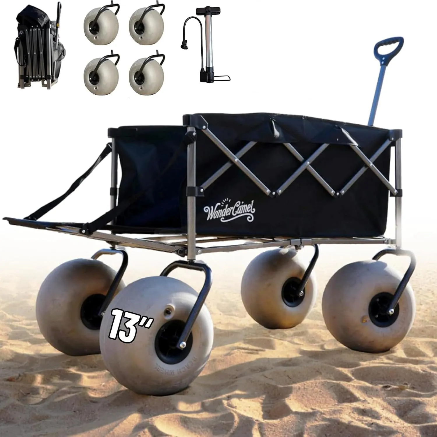 Beach Wagon with Big Wheels for Sand, 13'' Balloon Wheel, Extended Tailgate, Collapsible Cart with All Terrain Inflatable Tires (Black)