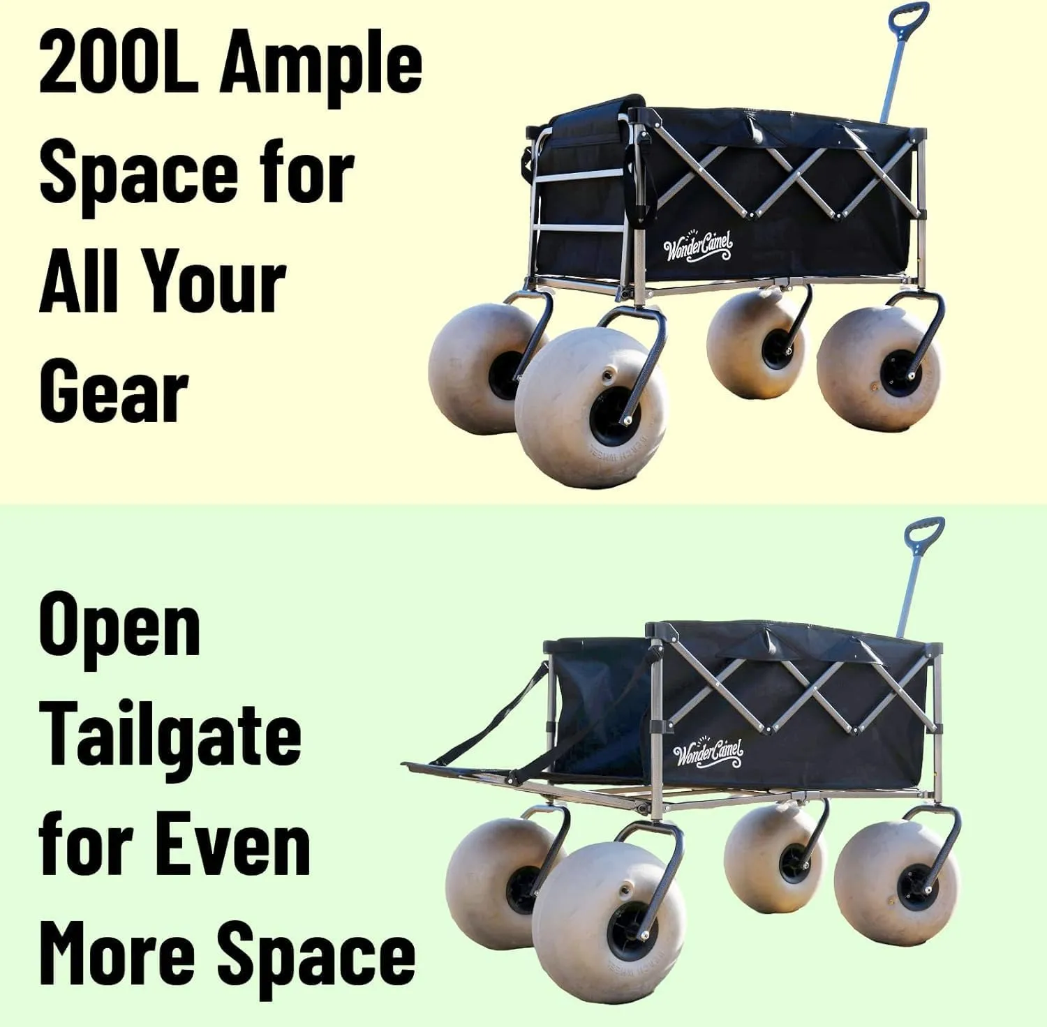 Beach Wagon with Big Wheels for Sand, 13'' Balloon Wheel, Extended Tailgate, Collapsible Cart with All Terrain Inflatable Tires (Black)