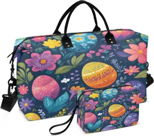 Beautiful Easter Eggs Travel Duffel Bags 2PCS,Sports Duffel Bags for Men Women,Weekender Overnight Bag Gym Tote Bag with Toiletry Bag