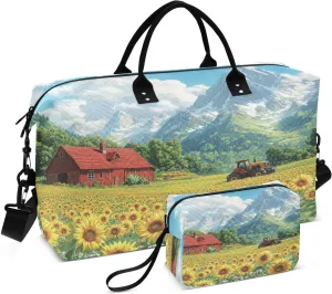 Beautiful Sunflower Ranch Travel Duffel Bags 2PCS,Sports Duffel Bags for Men Women,Weekender Overnight Bag Gym Tote Bag with Toiletry Bag