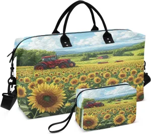 Beautiful Sunflower Ranch Travel Duffel Bags 2PCS,Sports Duffel Bags for Men Women,Weekender Overnight Bag Gym Tote Bag with Toiletry Bag
