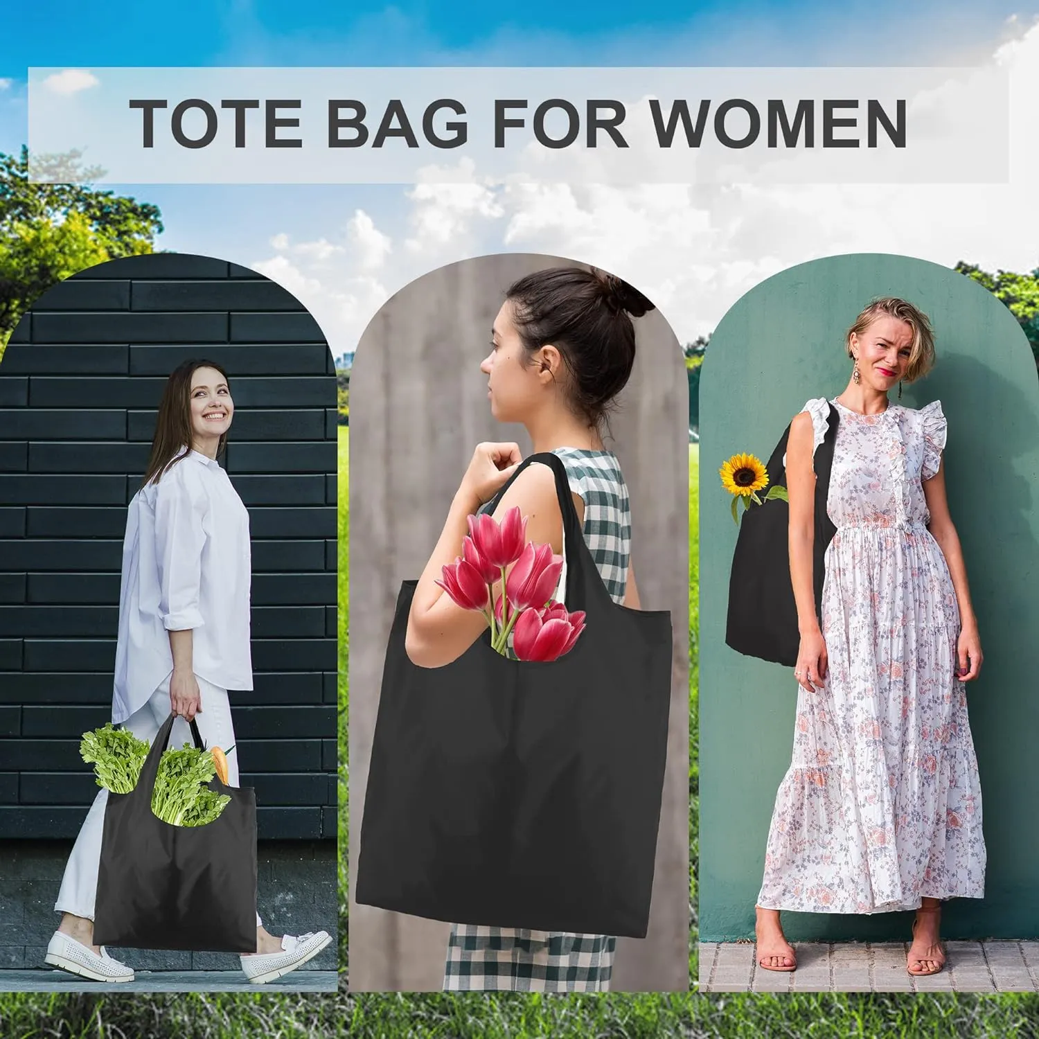 BeeGreen Black Grocery Bags Shopping Bags Large Reusable Bags Foldable Black Tote Bags 6 Pack Cute Holiday Bags Cloth Bags With Handles Large Gift Bags Heavy Duty Groceries Bags Washable