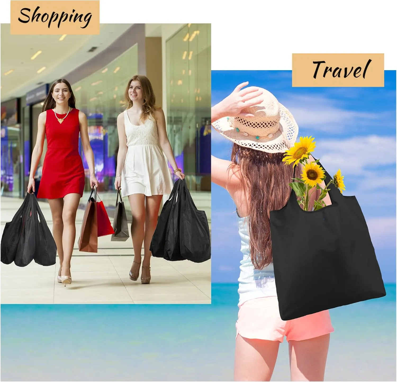 BeeGreen Black Grocery Bags Shopping Bags Large Reusable Bags Foldable Black Tote Bags 6 Pack Cute Holiday Bags Cloth Bags With Handles Large Gift Bags Heavy Duty Groceries Bags Washable