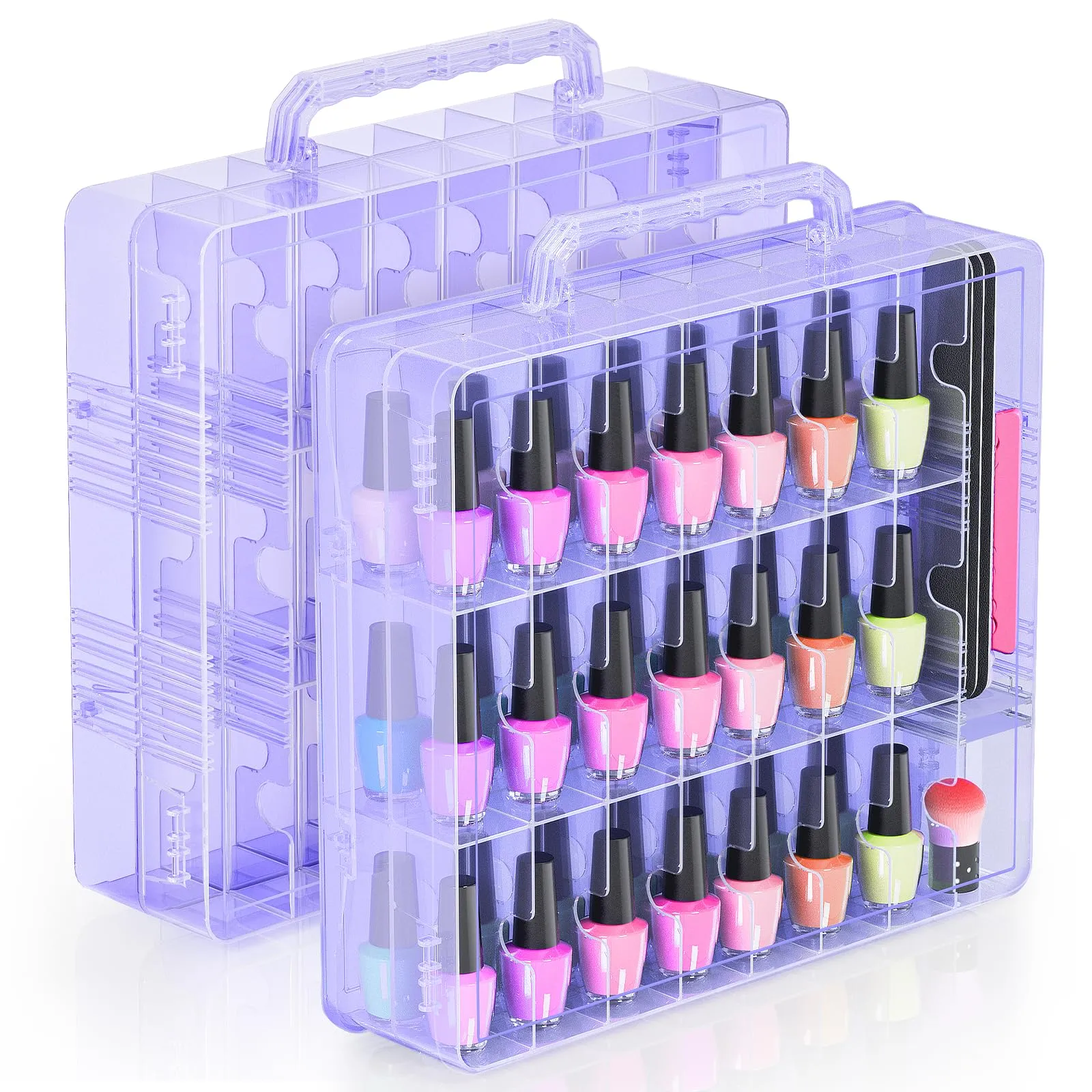 Beloving 2pcs Nail Polish Organizer, Portable 48 Bottles Clear Nail Polish Holder with Adjustable Divider, Gel Nail Polish Storage Double Side Nail Polish Organizer Case for Nail Tech Purple