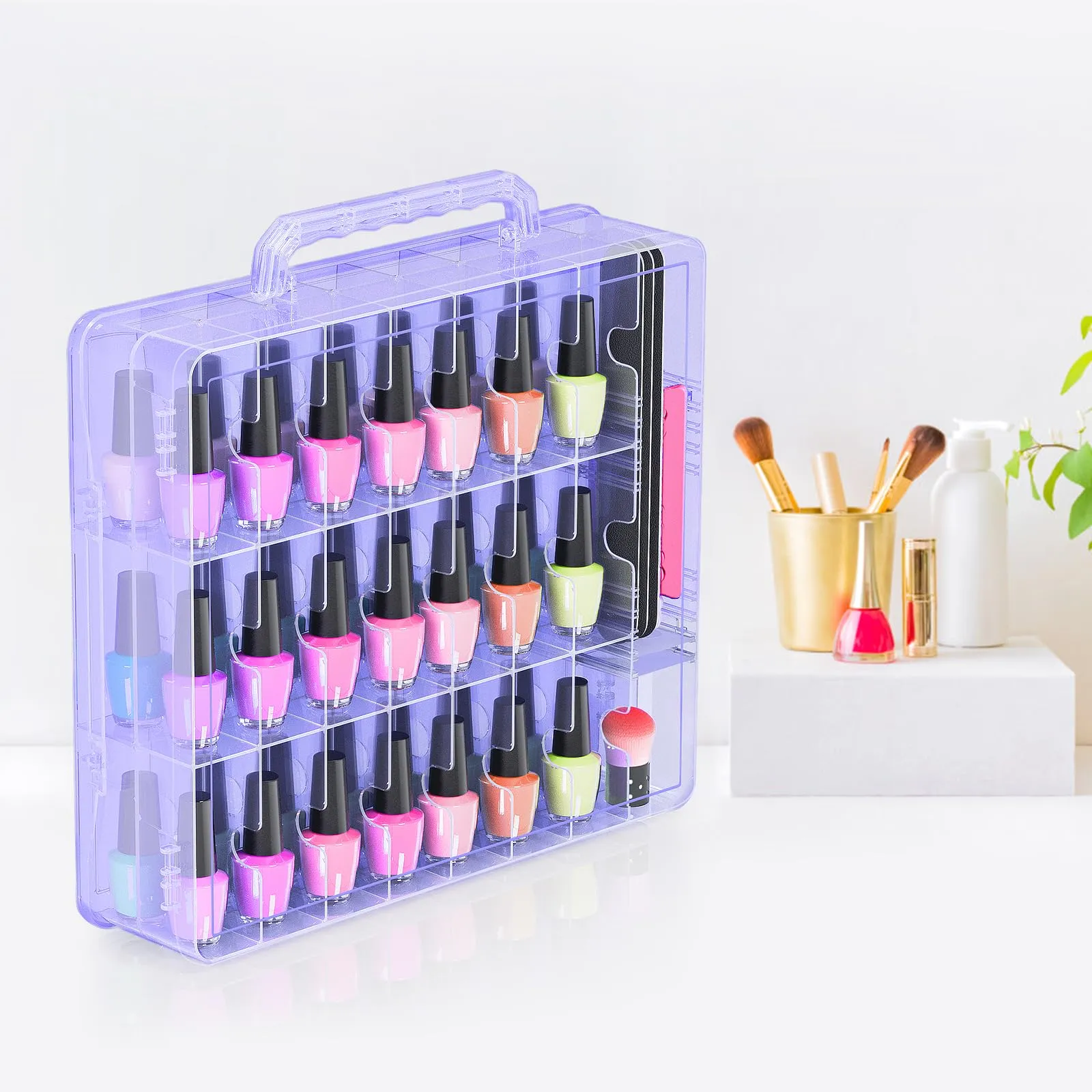 Beloving 2pcs Nail Polish Organizer, Portable 48 Bottles Clear Nail Polish Holder with Adjustable Divider, Gel Nail Polish Storage Double Side Nail Polish Organizer Case for Nail Tech Purple