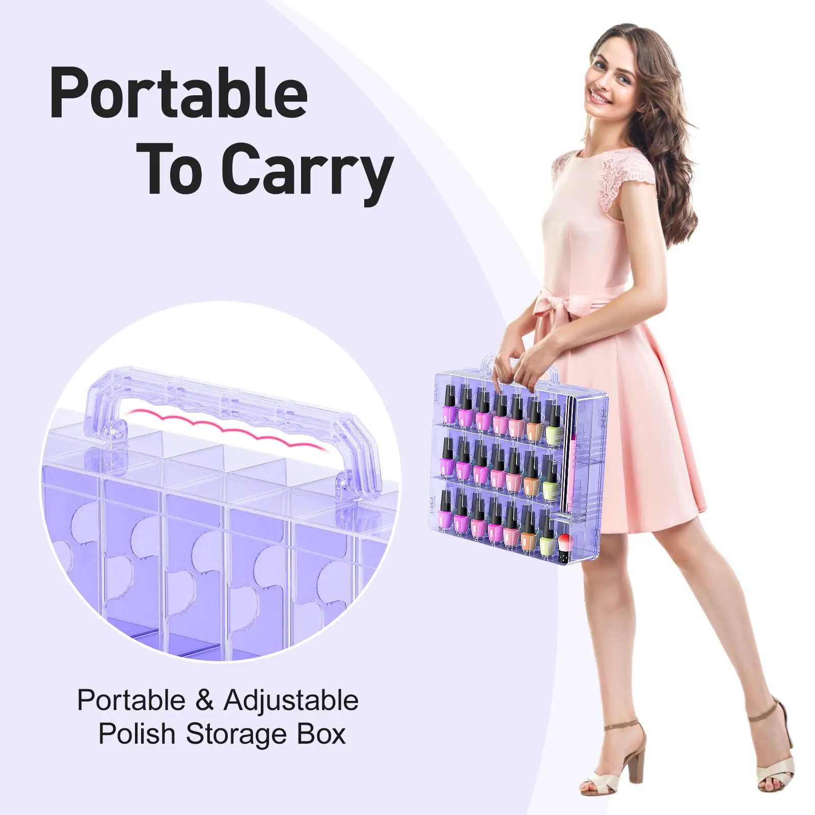 Beloving 2pcs Nail Polish Organizer, Portable 48 Bottles Clear Nail Polish Holder with Adjustable Divider, Gel Nail Polish Storage Double Side Nail Polish Organizer Case for Nail Tech Purple