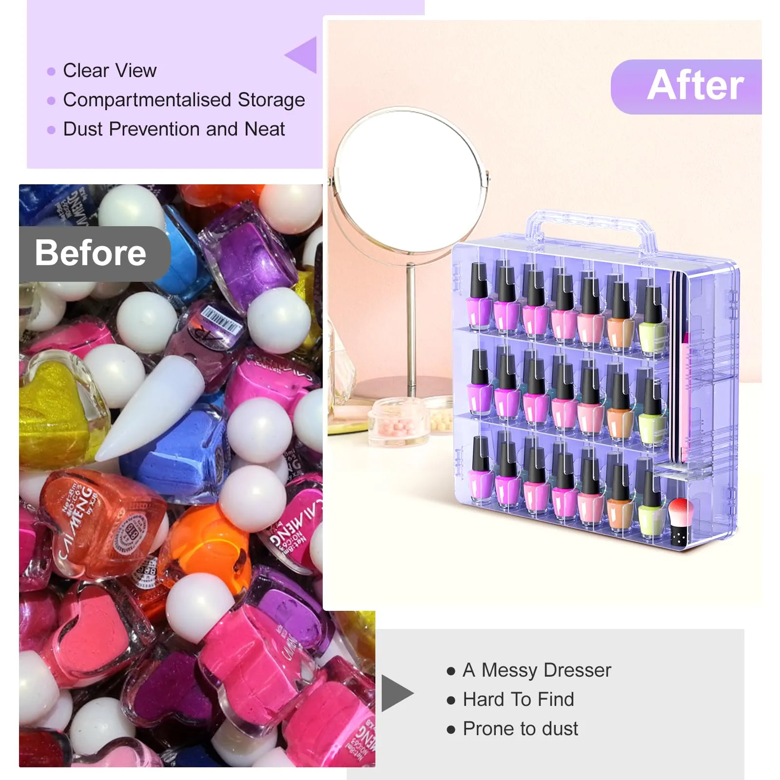 Beloving 2pcs Nail Polish Organizer, Portable 48 Bottles Clear Nail Polish Holder with Adjustable Divider, Gel Nail Polish Storage Double Side Nail Polish Organizer Case for Nail Tech Purple