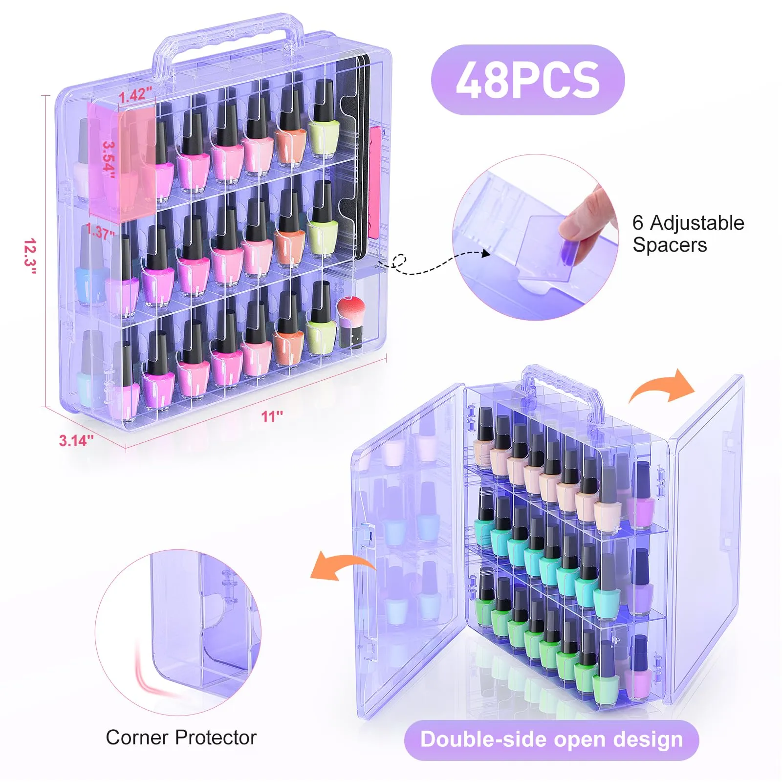 Beloving 2pcs Nail Polish Organizer, Portable 48 Bottles Clear Nail Polish Holder with Adjustable Divider, Gel Nail Polish Storage Double Side Nail Polish Organizer Case for Nail Tech Purple
