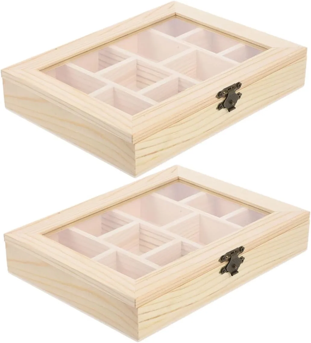 BESPORTBLE 2pcs Handmade Wooden Jewelry Storage Box for Lid with Compartments DIY Craft Organizer for Creative Decoration and Display Retro Style Unfinished Wooden Design