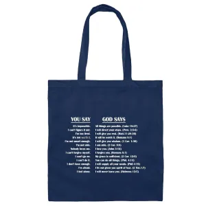 Bible Verse God Says Uplifting Memory Christian Gift Tote Bag Religous Christian Gifts for Believers Navy Black Multicolor Canvas Tote Bag