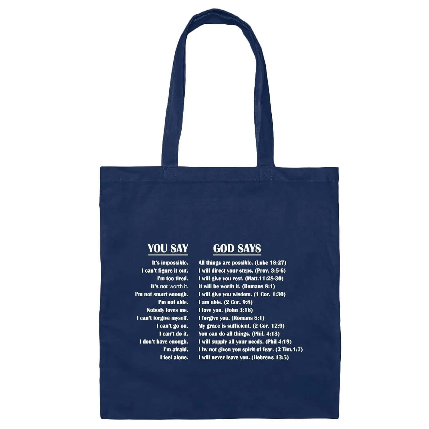 Bible Verse God Says Uplifting Memory Christian Gift Tote Bag Religous Christian Gifts for Believers Navy Black Multicolor Canvas Tote Bag