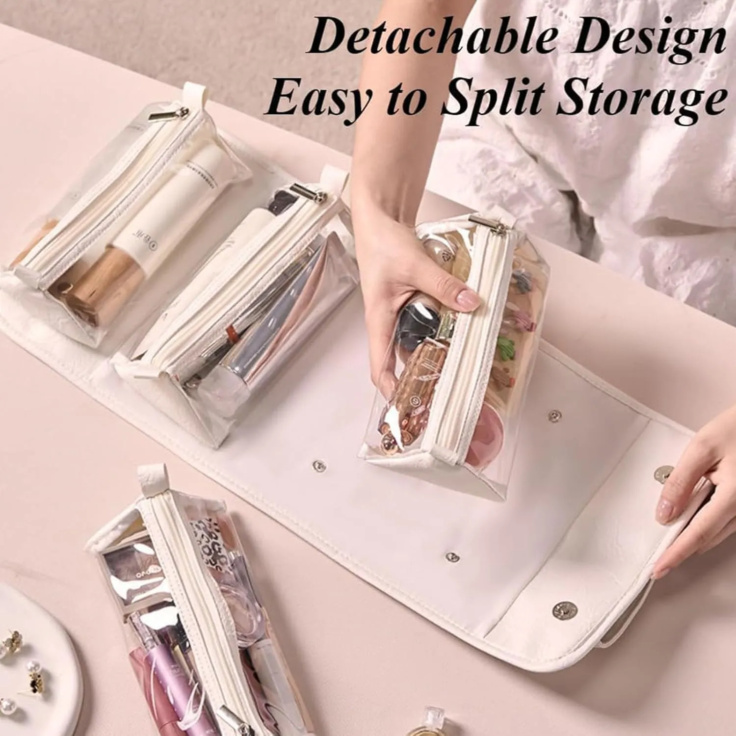 Binozinco Cosmetic Bag, Leather Waterproof Cosmetic Bag Detachable 4 In 1, Large Capacity Cosmetic Travel Bag for Women, Roll Up Portable Makeup Bag with Divider and Handle for Makeup Nail (Beige)