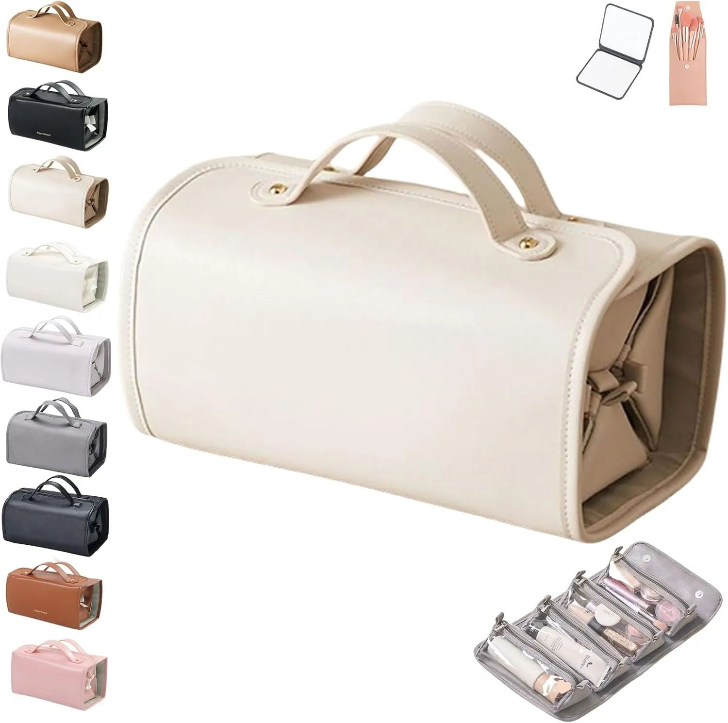 Binozinco Cosmetic Bag, Leather Waterproof Cosmetic Bag Detachable 4 In 1, Large Capacity Cosmetic Travel Bag for Women, Roll Up Portable Makeup Bag with Divider and Handle for Makeup Nail (Beige)