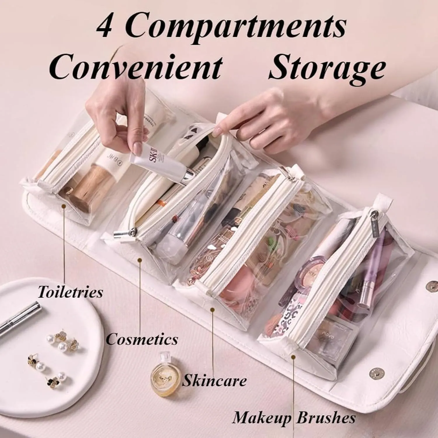 Binozinco Cosmetic Bag, Leather Waterproof Cosmetic Bag Detachable 4 In 1, Large Capacity Cosmetic Travel Bag for Women, Roll Up Portable Makeup Bag with Divider and Handle for Makeup Nail (Beige)