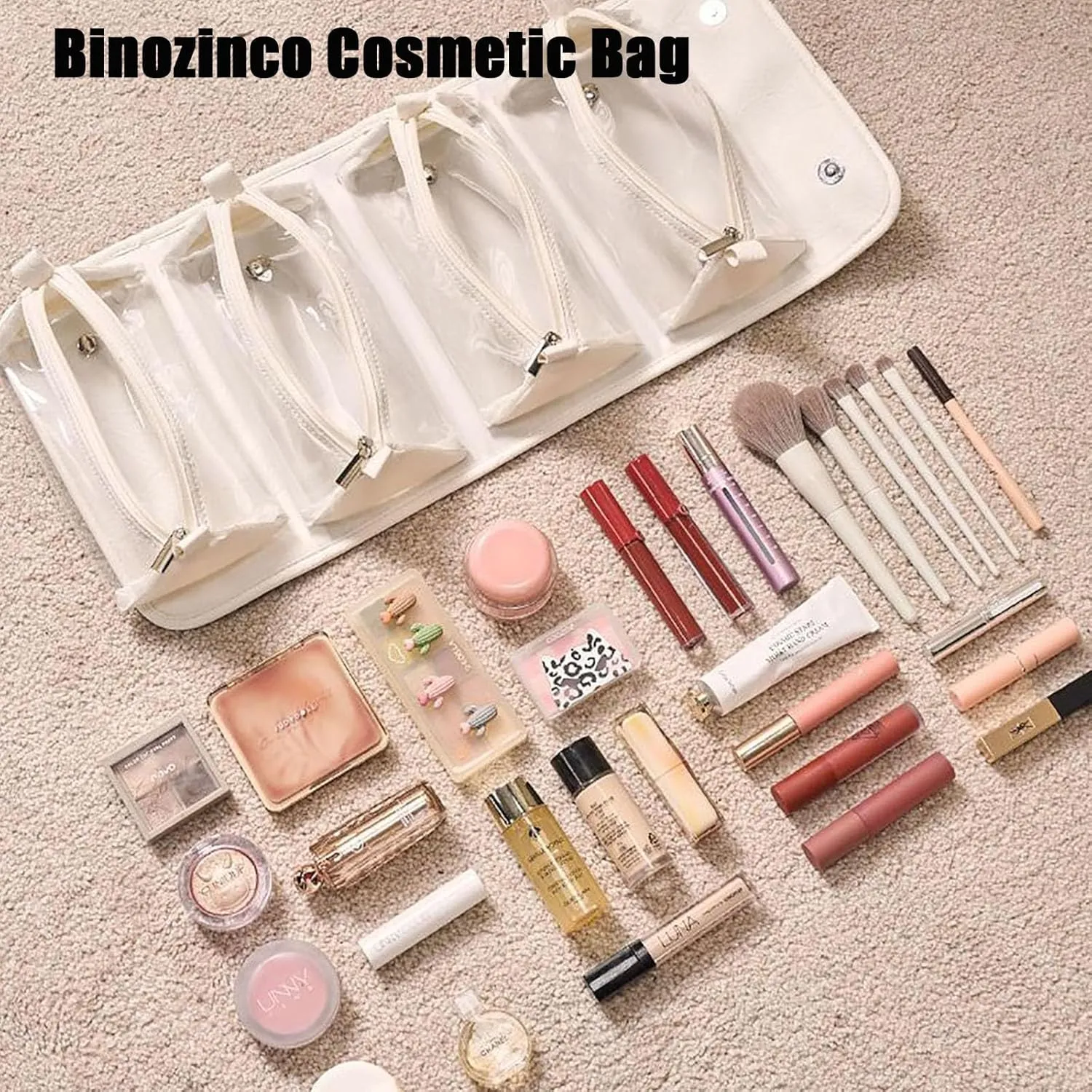 Binozinco Cosmetic Bag, Leather Waterproof Cosmetic Bag Detachable 4 In 1, Large Capacity Cosmetic Travel Bag for Women, Roll Up Portable Makeup Bag with Divider and Handle for Makeup Nail (Beige)