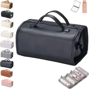 Binozinco Cosmetic Bag, Leather Waterproof Cosmetic Bag Detachable 4 In 1, Large Capacity Cosmetic Travel Bag for Women, Roll Up Portable Makeup Bag with Divider and Handle for Makeup Nail (Black-B)