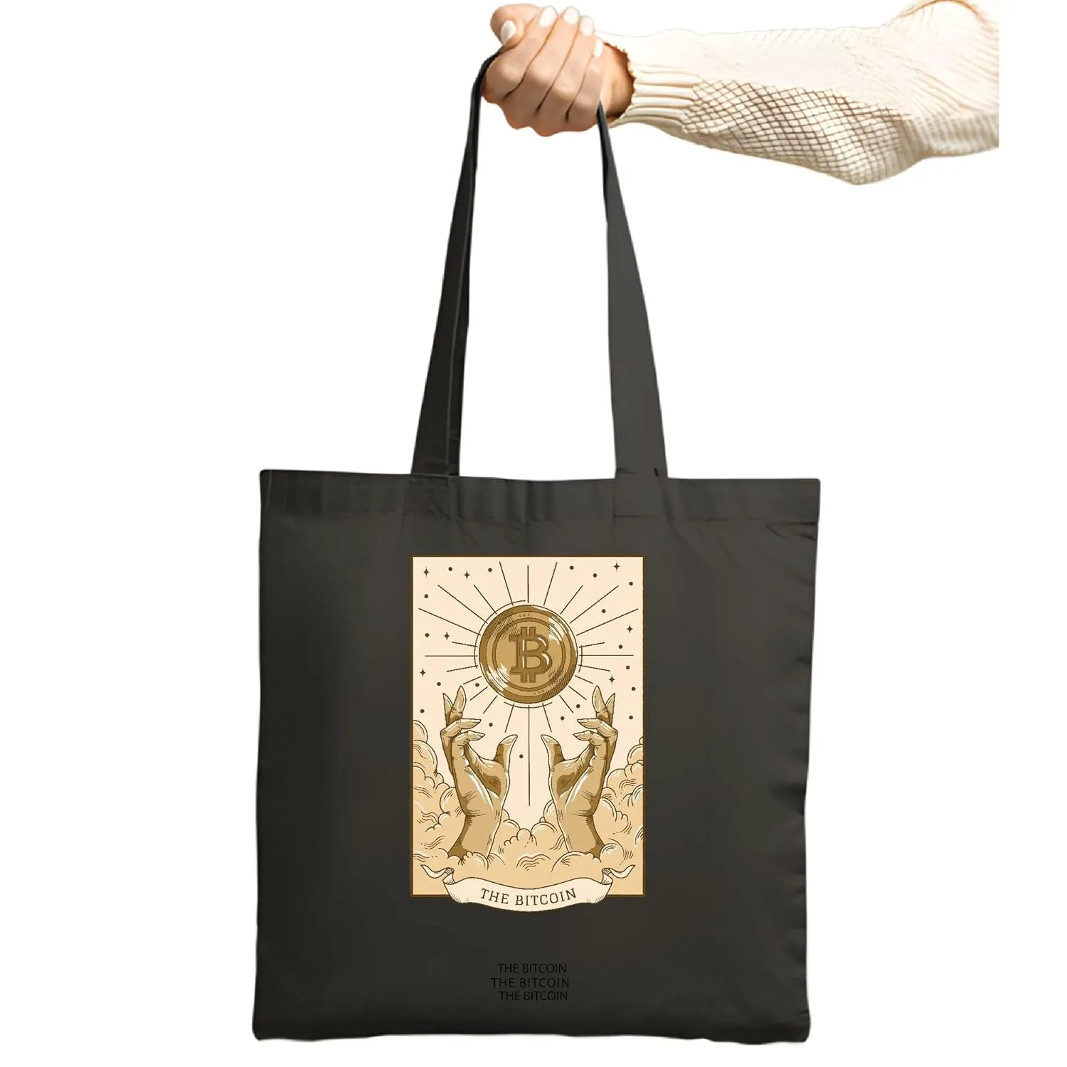 Bitcoin Symbol Tarot Card Gift for Crypto Enthusiasts and Investors Navy Black Multicolor Canvas Tote Bag