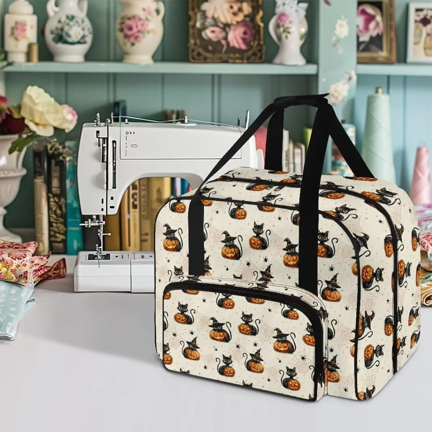 Black Cats and Pumpkin Sewing Machine Case Travel Case Portable Tote Bag for Sewing Machine and Extra Sewing Accessories Stain Resistan and Scratch Resistan Halloween Decor
