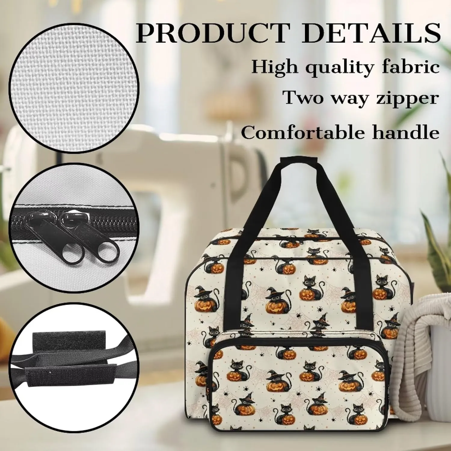 Black Cats and Pumpkin Sewing Machine Case Travel Case Portable Tote Bag for Sewing Machine and Extra Sewing Accessories Stain Resistan and Scratch Resistan Halloween Decor