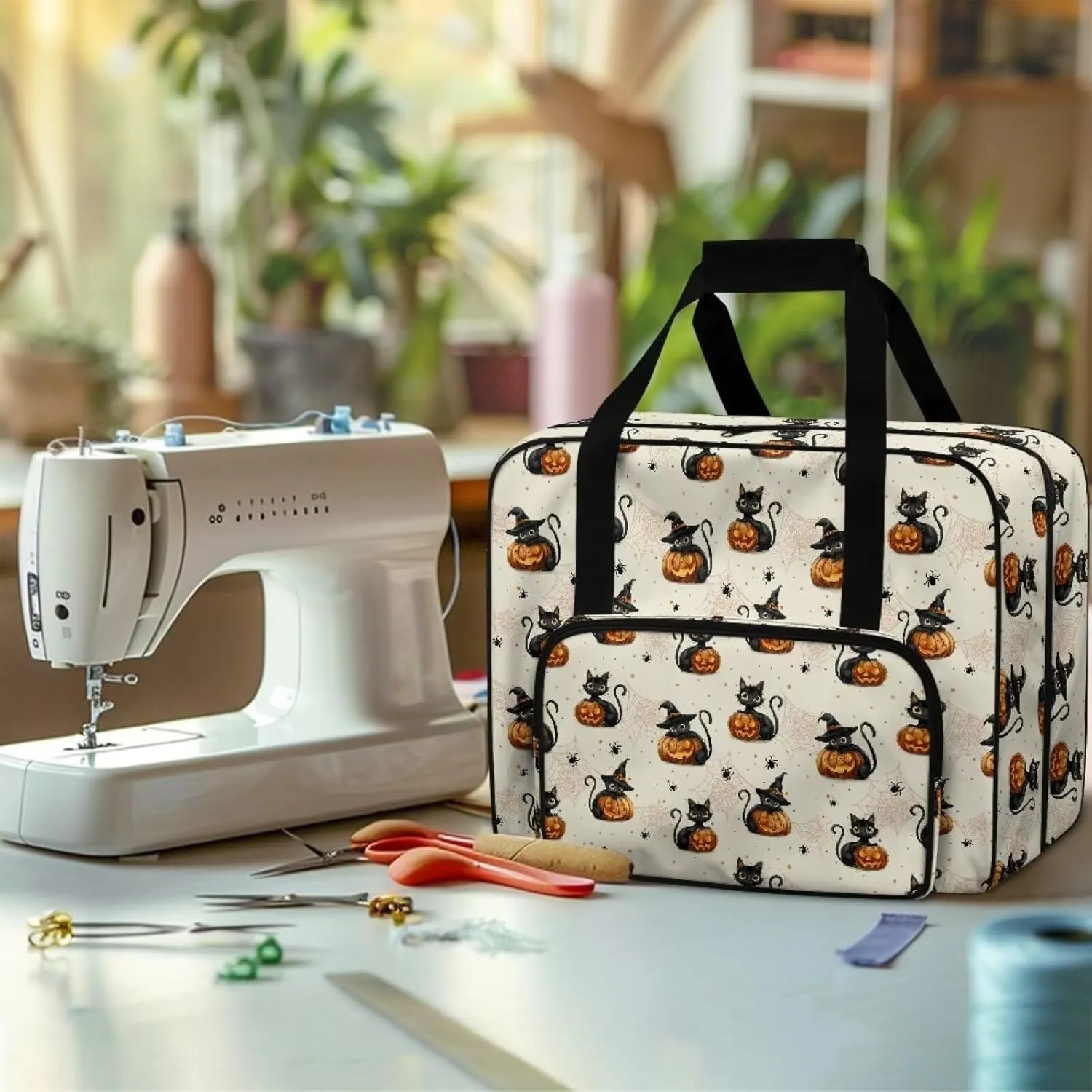 Black Cats and Pumpkin Sewing Machine Case Travel Case Portable Tote Bag for Sewing Machine and Extra Sewing Accessories Stain Resistan and Scratch Resistan Halloween Decor