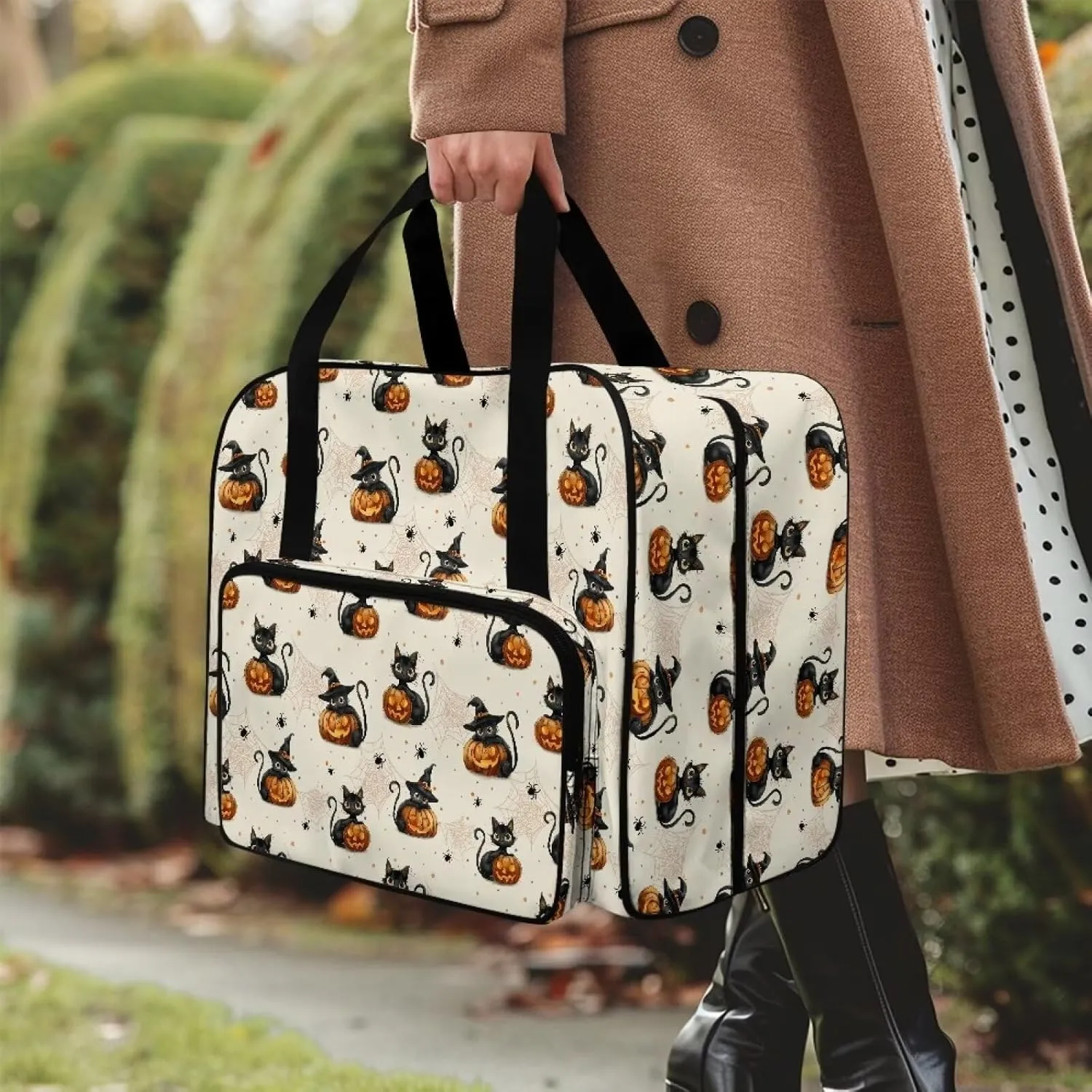 Black Cats and Pumpkin Sewing Machine Case Travel Case Portable Tote Bag for Sewing Machine and Extra Sewing Accessories Stain Resistan and Scratch Resistan Halloween Decor