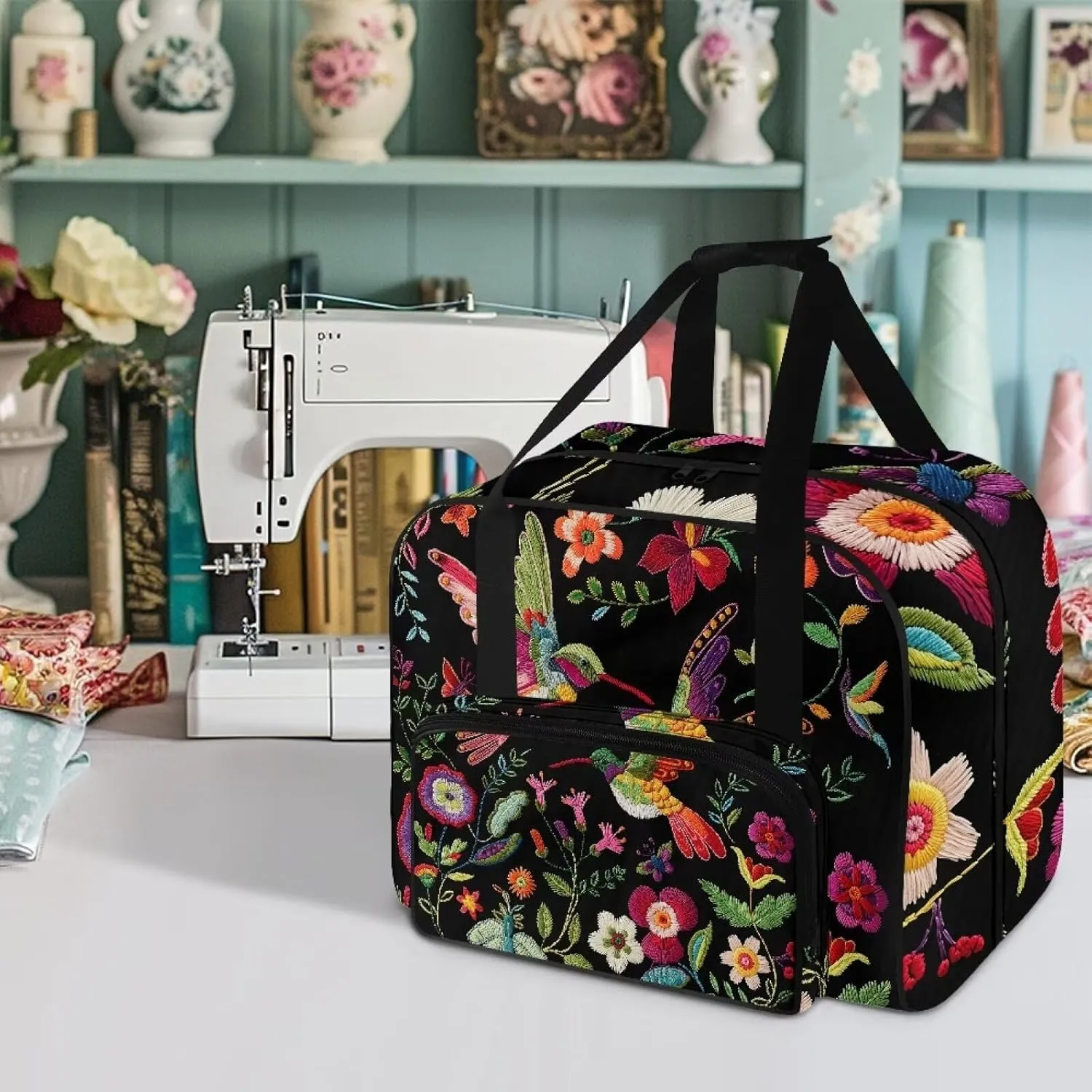 Black Hummingbird Plant Sewing Machine Carrying Case,Lightweight Carry Tote Bag,Portable Padded Storage Dust Cover with Pockets for Sewing Machine