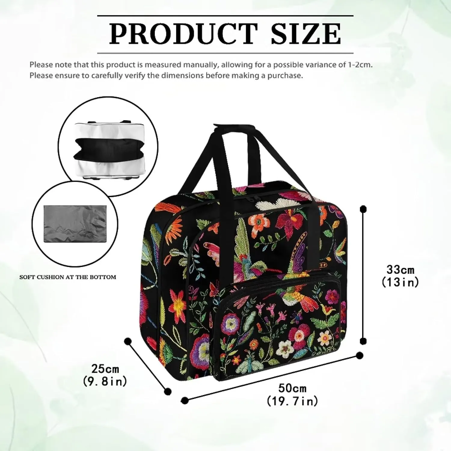 Black Hummingbird Plant Sewing Machine Carrying Case,Lightweight Carry Tote Bag,Portable Padded Storage Dust Cover with Pockets for Sewing Machine