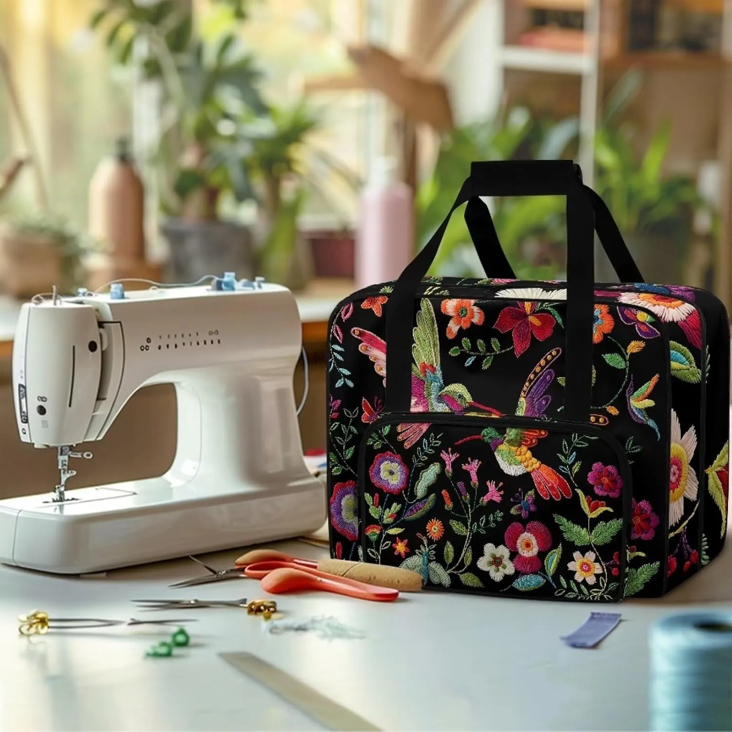 Black Hummingbird Plant Sewing Machine Carrying Case,Lightweight Carry Tote Bag,Portable Padded Storage Dust Cover with Pockets for Sewing Machine