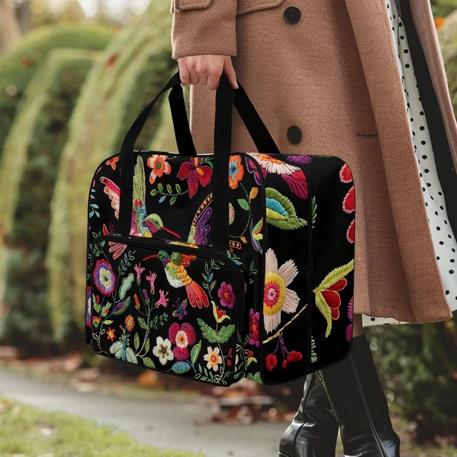 Black Hummingbird Plant Sewing Machine Carrying Case,Lightweight Carry Tote Bag,Portable Padded Storage Dust Cover with Pockets for Sewing Machine