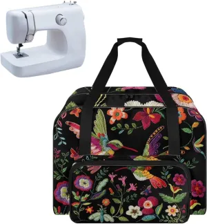 Black Hummingbird Plant Sewing Machine Carrying Case,Lightweight Carry Tote Bag,Portable Padded Storage Dust Cover with Pockets for Sewing Machine