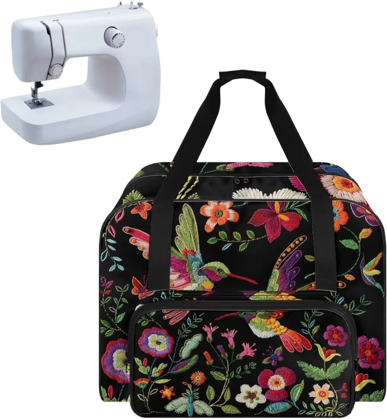 Black Hummingbird Plant Sewing Machine Carrying Case,Lightweight Carry Tote Bag,Portable Padded Storage Dust Cover with Pockets for Sewing Machine