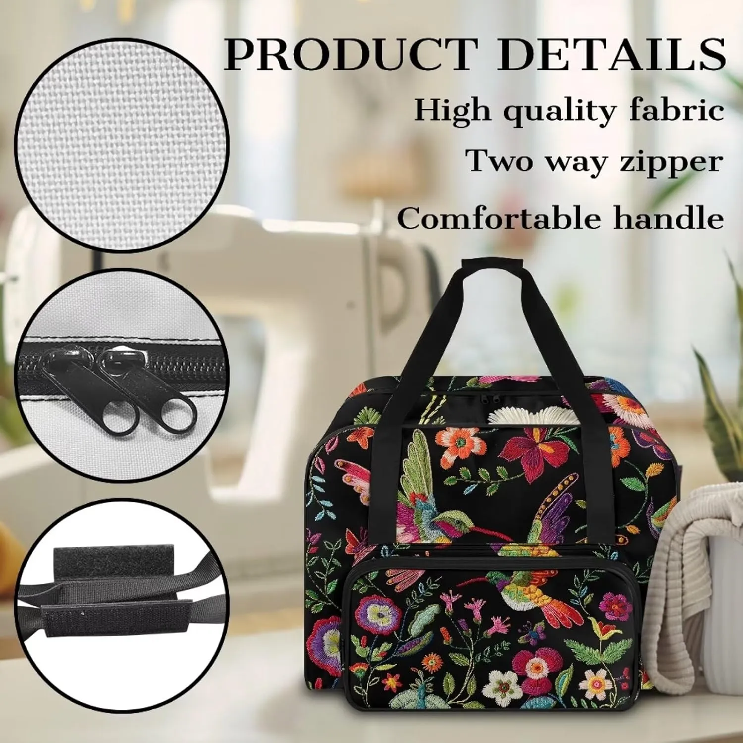 Black Hummingbird Plant Sewing Machine Carrying Case,Lightweight Carry Tote Bag,Portable Padded Storage Dust Cover with Pockets for Sewing Machine