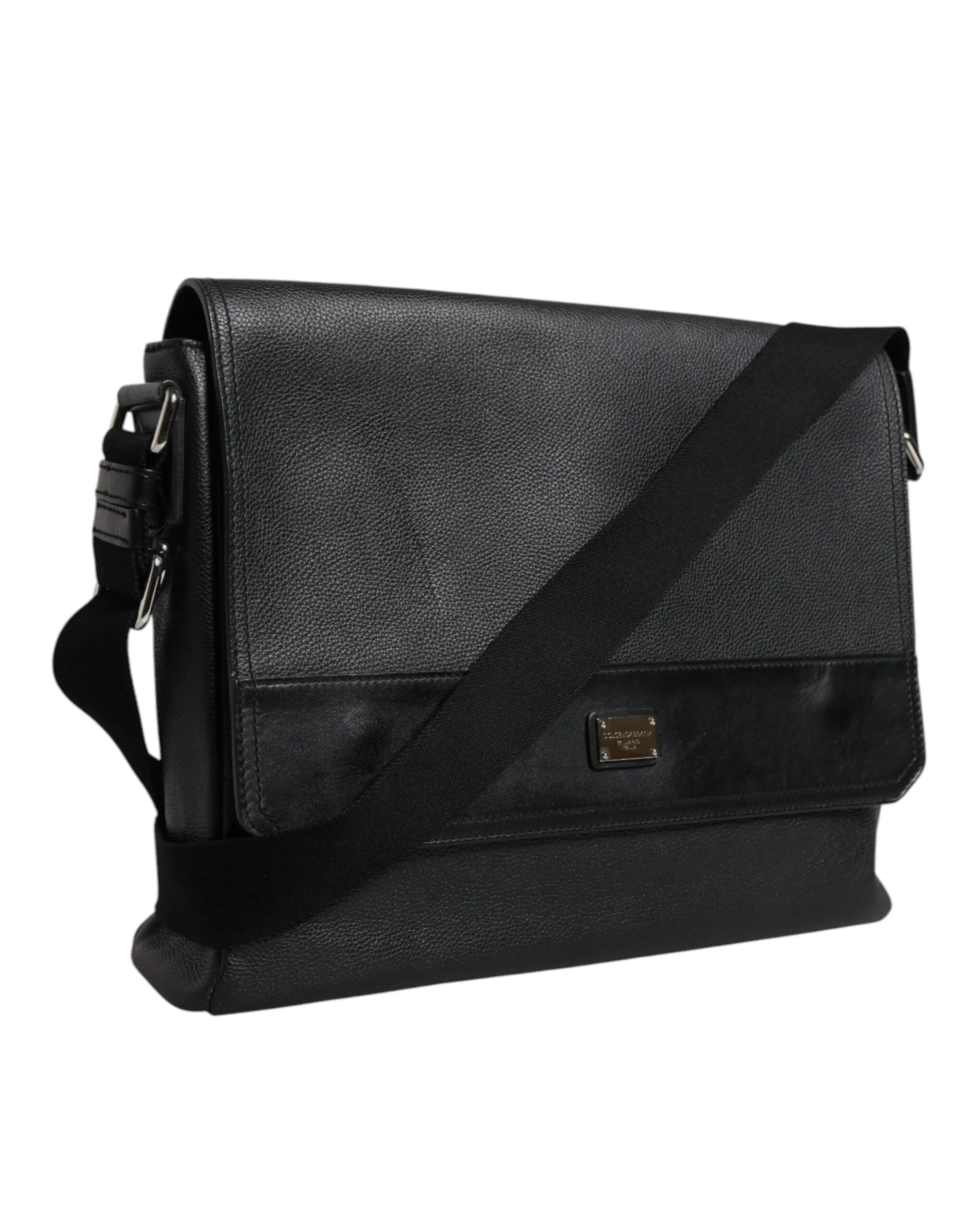 Black Logo Plaque Leather Messenger Shoulder Strap Bag