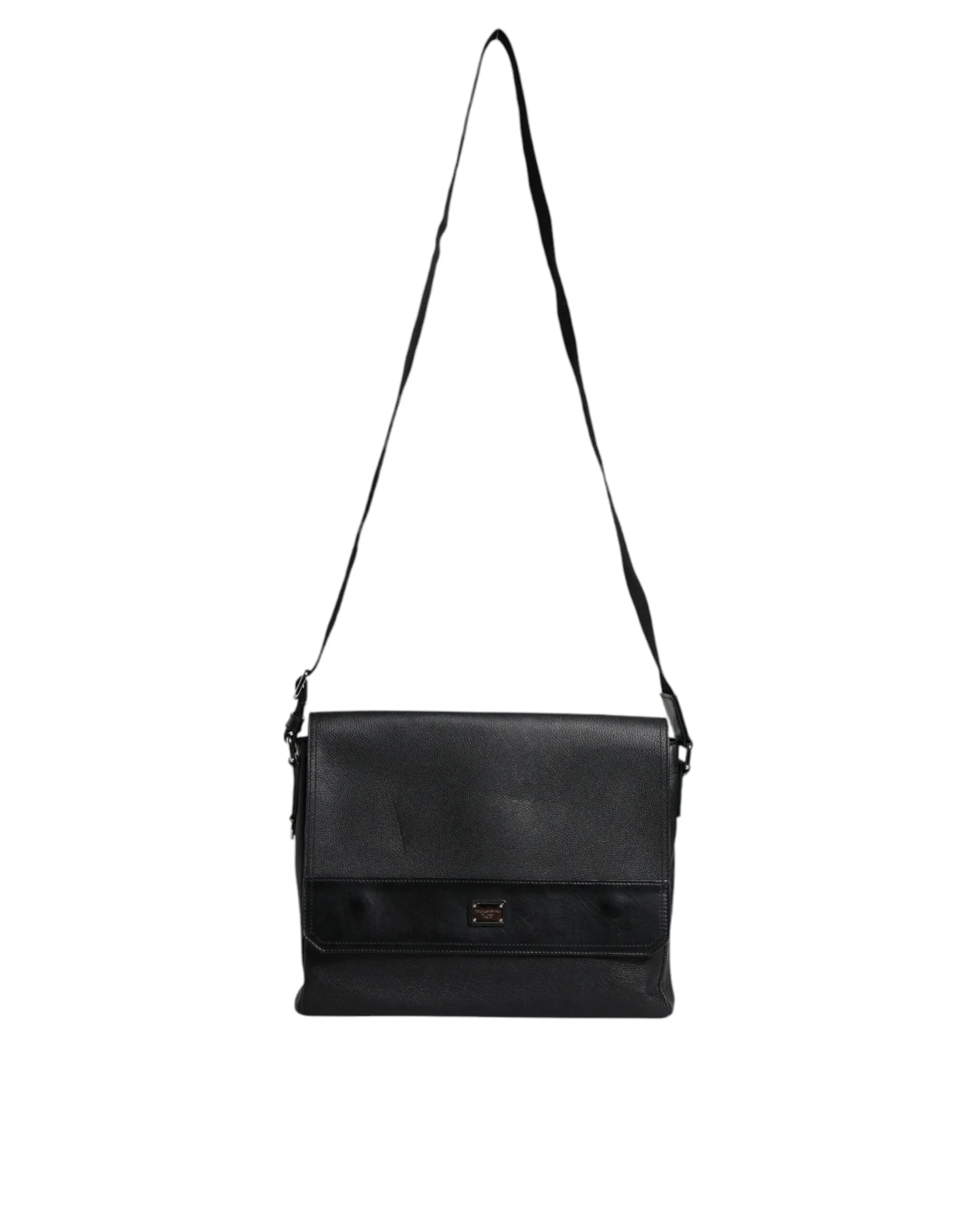 Black Logo Plaque Leather Messenger Shoulder Strap Bag
