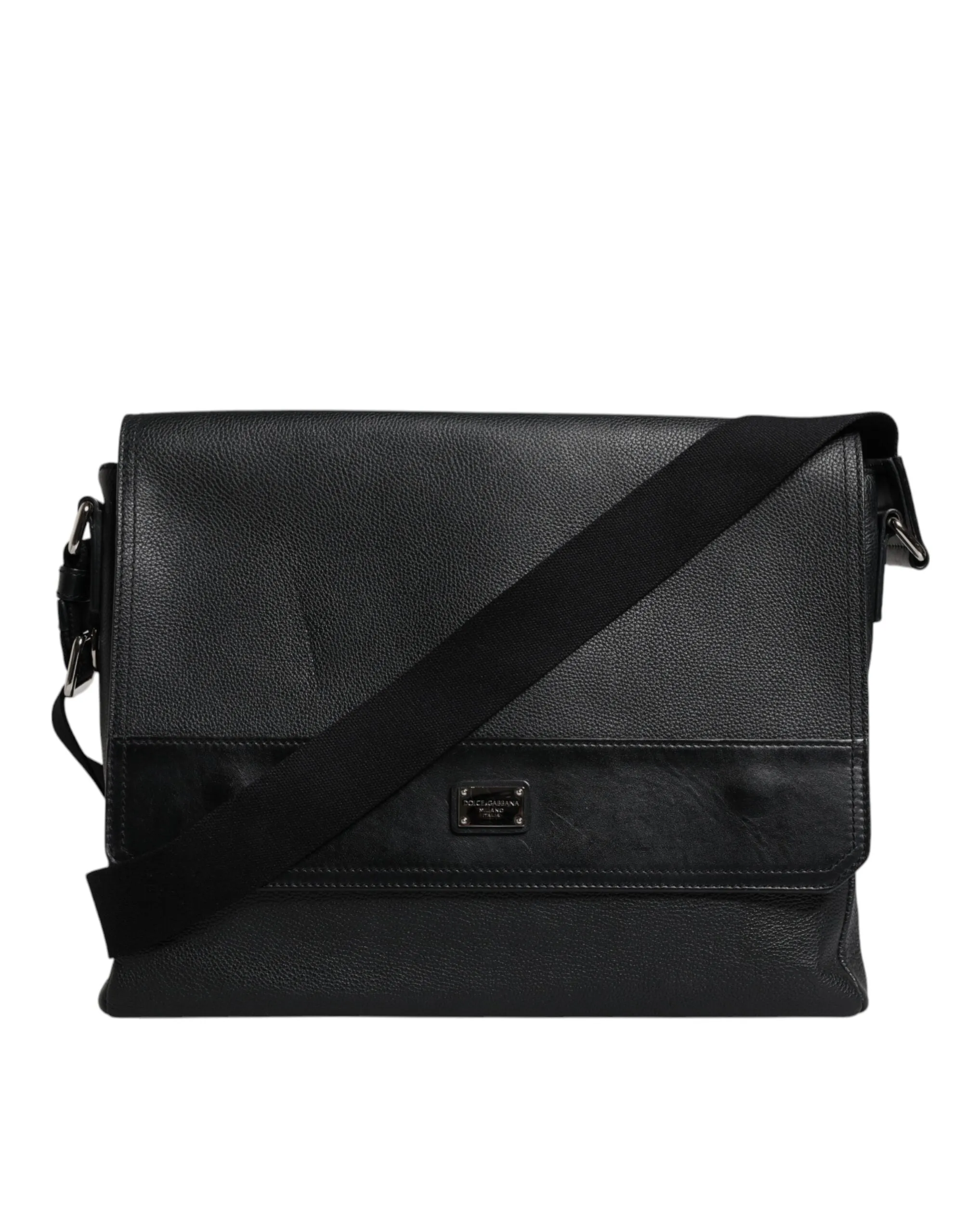 Black Logo Plaque Leather Messenger Shoulder Strap Bag