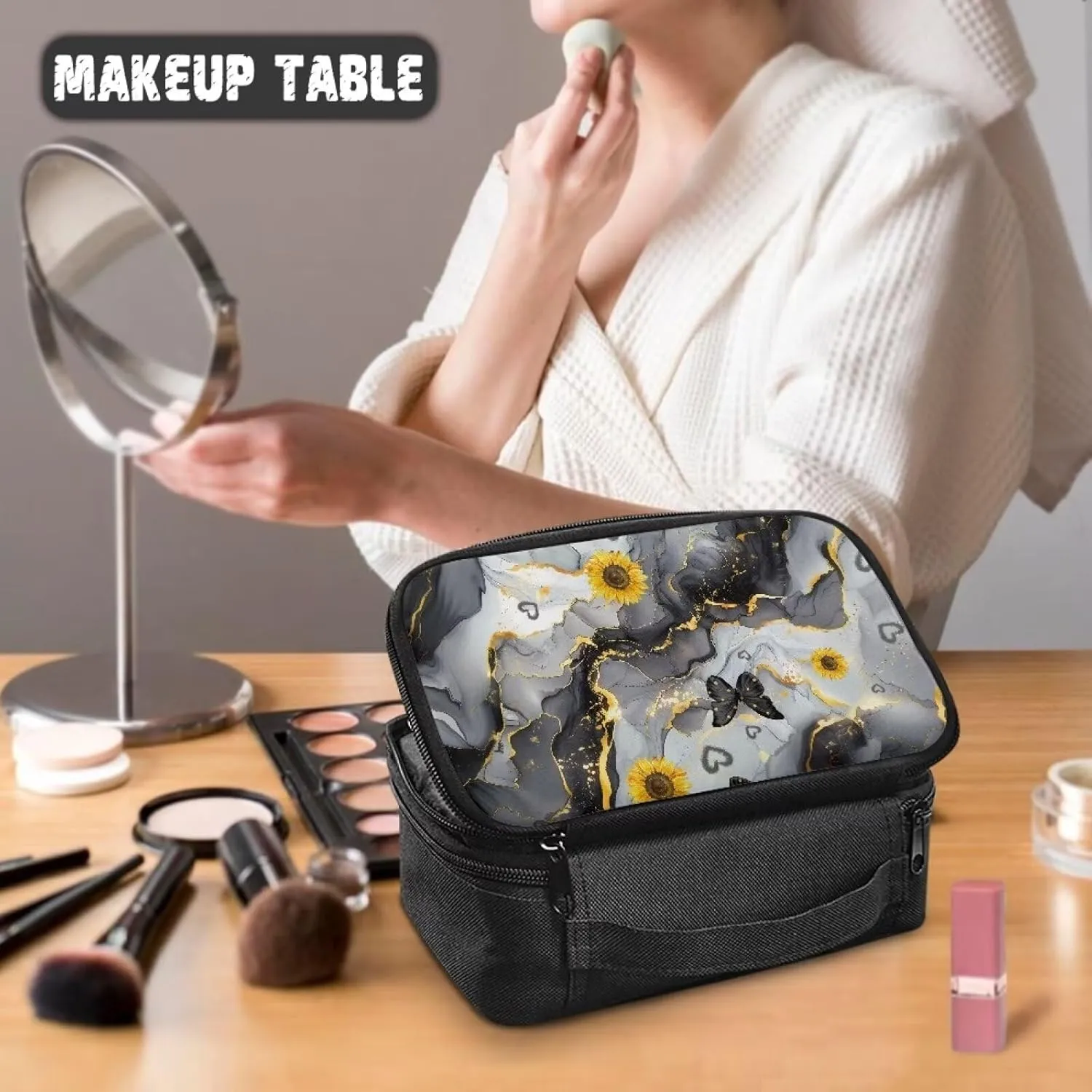 Black Marble Large Capacity Travel Cosmetic Bag for Women Toiletry Case Travel Make Up Bag with Handle and Divider Brush Holder Storage Elastic Cords and Side Wall Pockets