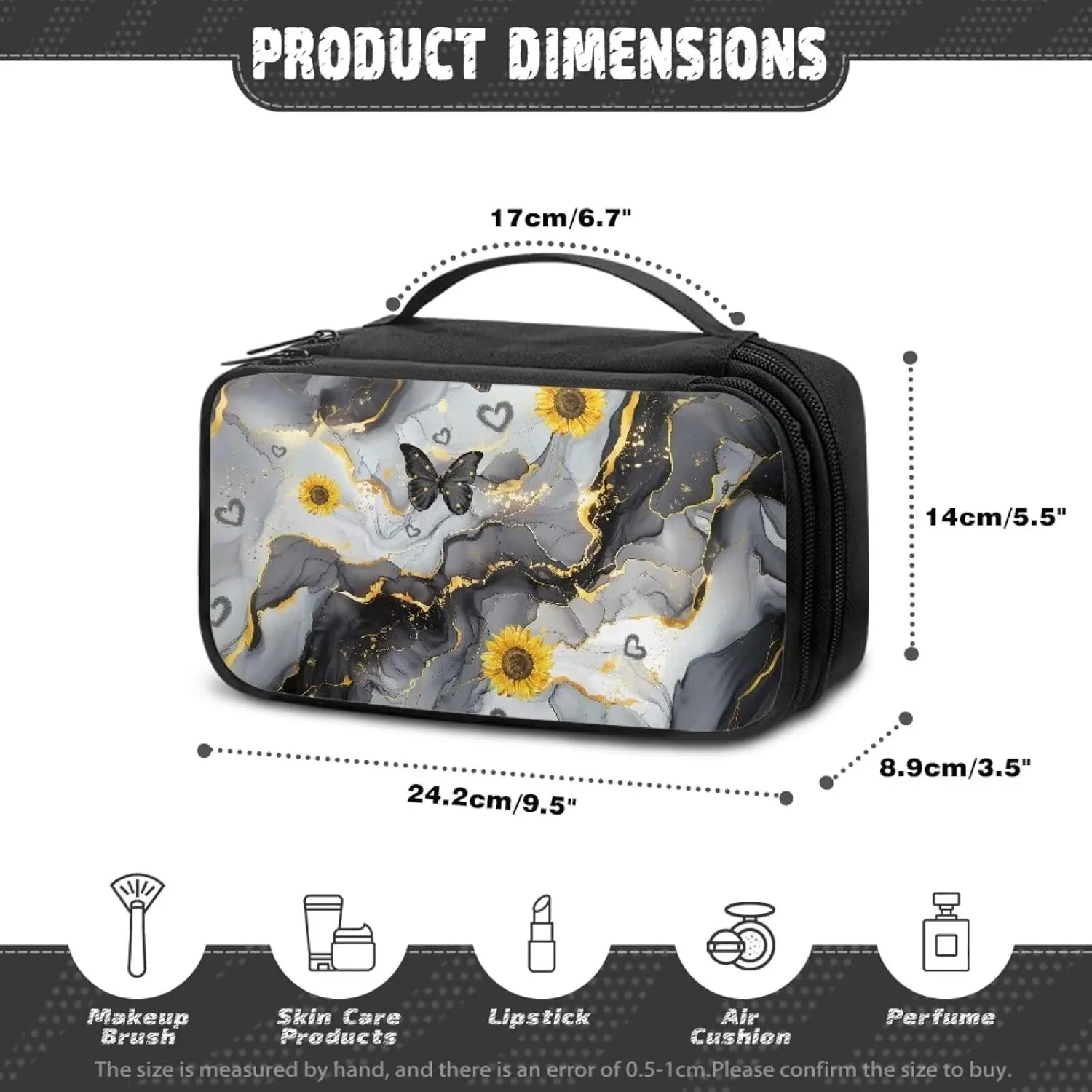 Black Marble Large Capacity Travel Cosmetic Bag for Women Toiletry Case Travel Make Up Bag with Handle and Divider Brush Holder Storage Elastic Cords and Side Wall Pockets