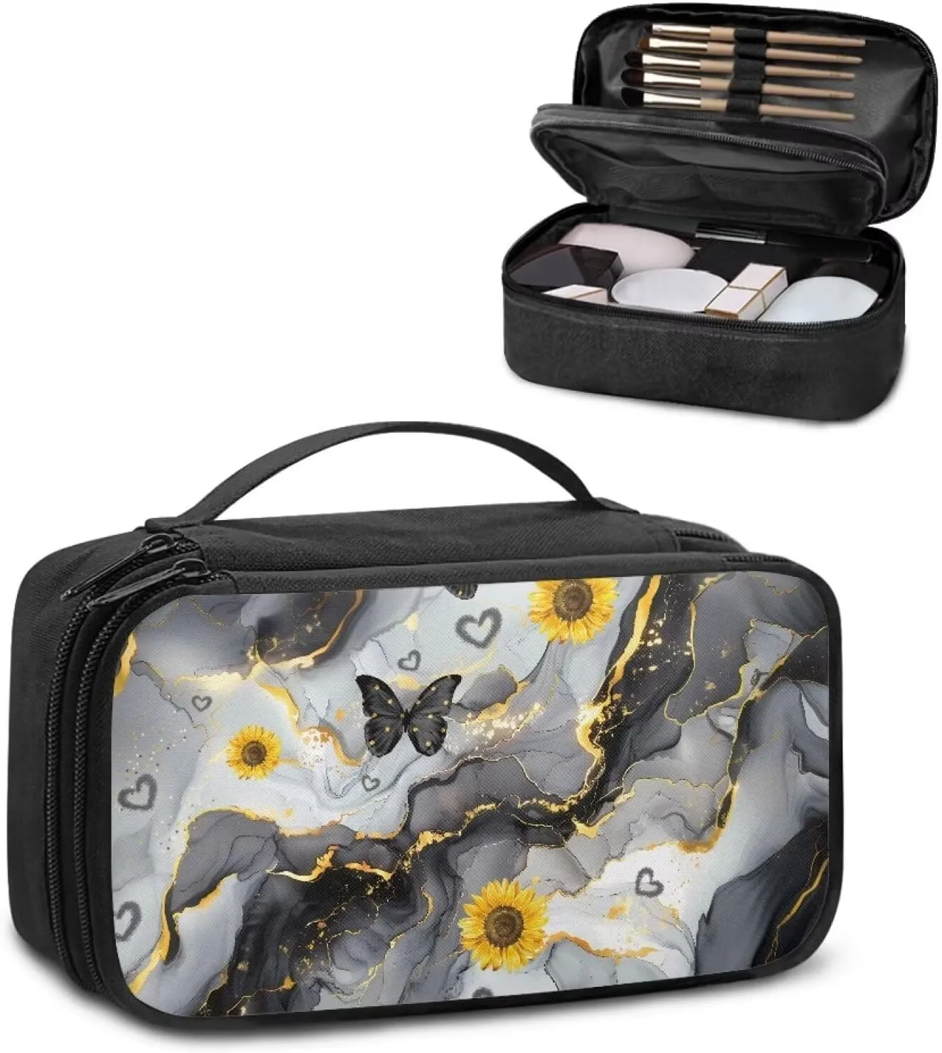 Black Marble Large Capacity Travel Cosmetic Bag for Women Toiletry Case Travel Make Up Bag with Handle and Divider Brush Holder Storage Elastic Cords and Side Wall Pockets