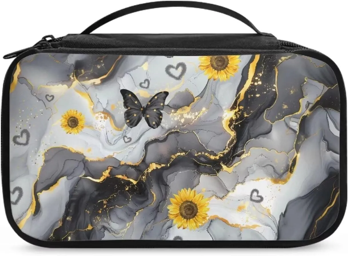 Black Marble Large Capacity Travel Cosmetic Bag for Women Toiletry Case Travel Make Up Bag with Handle and Divider Brush Holder Storage Elastic Cords and Side Wall Pockets