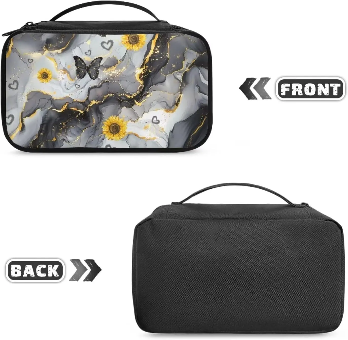 Black Marble Large Capacity Travel Cosmetic Bag for Women Toiletry Case Travel Make Up Bag with Handle and Divider Brush Holder Storage Elastic Cords and Side Wall Pockets