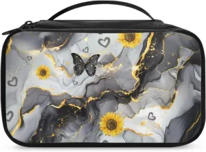 Black Marble Large Capacity Travel Cosmetic Bag for Women Toiletry Case Travel Make Up Bag with Handle and Divider Brush Holder Storage Elastic Cords and Side Wall Pockets