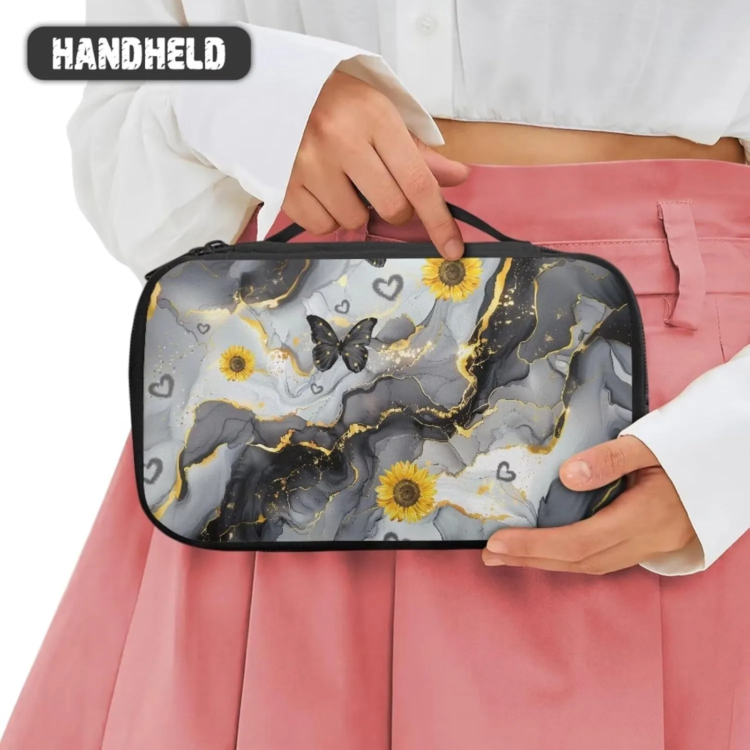 Black Marble Large Capacity Travel Cosmetic Bag for Women Toiletry Case Travel Make Up Bag with Handle and Divider Brush Holder Storage Elastic Cords and Side Wall Pockets