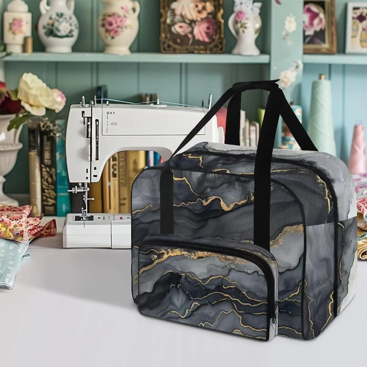 Black Marble Sewing Machine Case, Universal Travel Bag，Lightweight Dust proof Compatible for Most Standard Sewing Machines