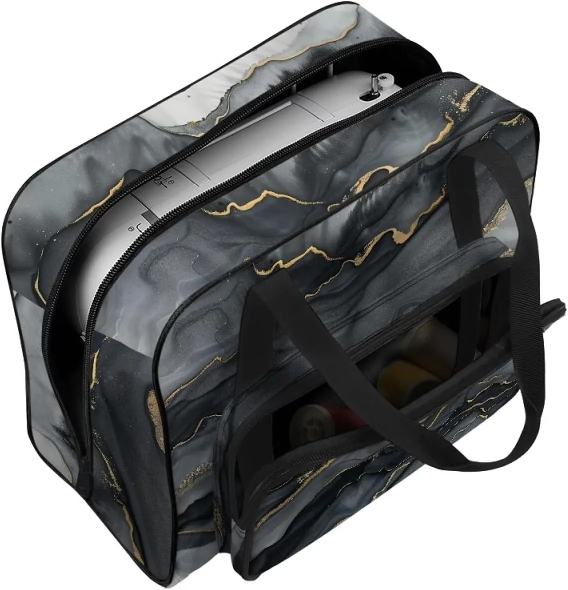 Black Marble Sewing Machine Tote Bag Protector Travel Bag Organizer with Compartments and Pockets, Sewing Box Storage Bag Fits for Most Standard Sewing Machines (Bag Only)